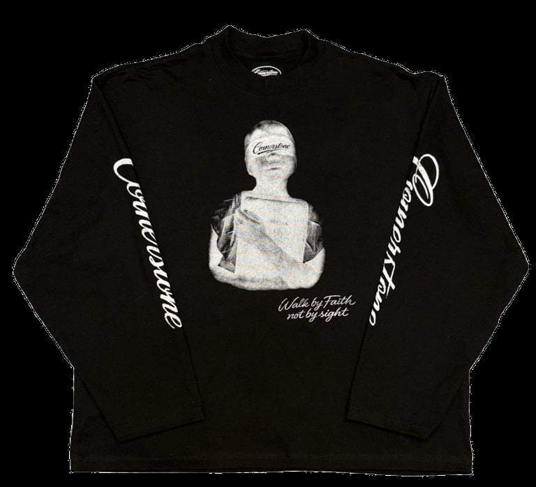 Black sweatshirt with a grayscale bust sculpture in the center and text along the sleeves reading Conscious and Informed