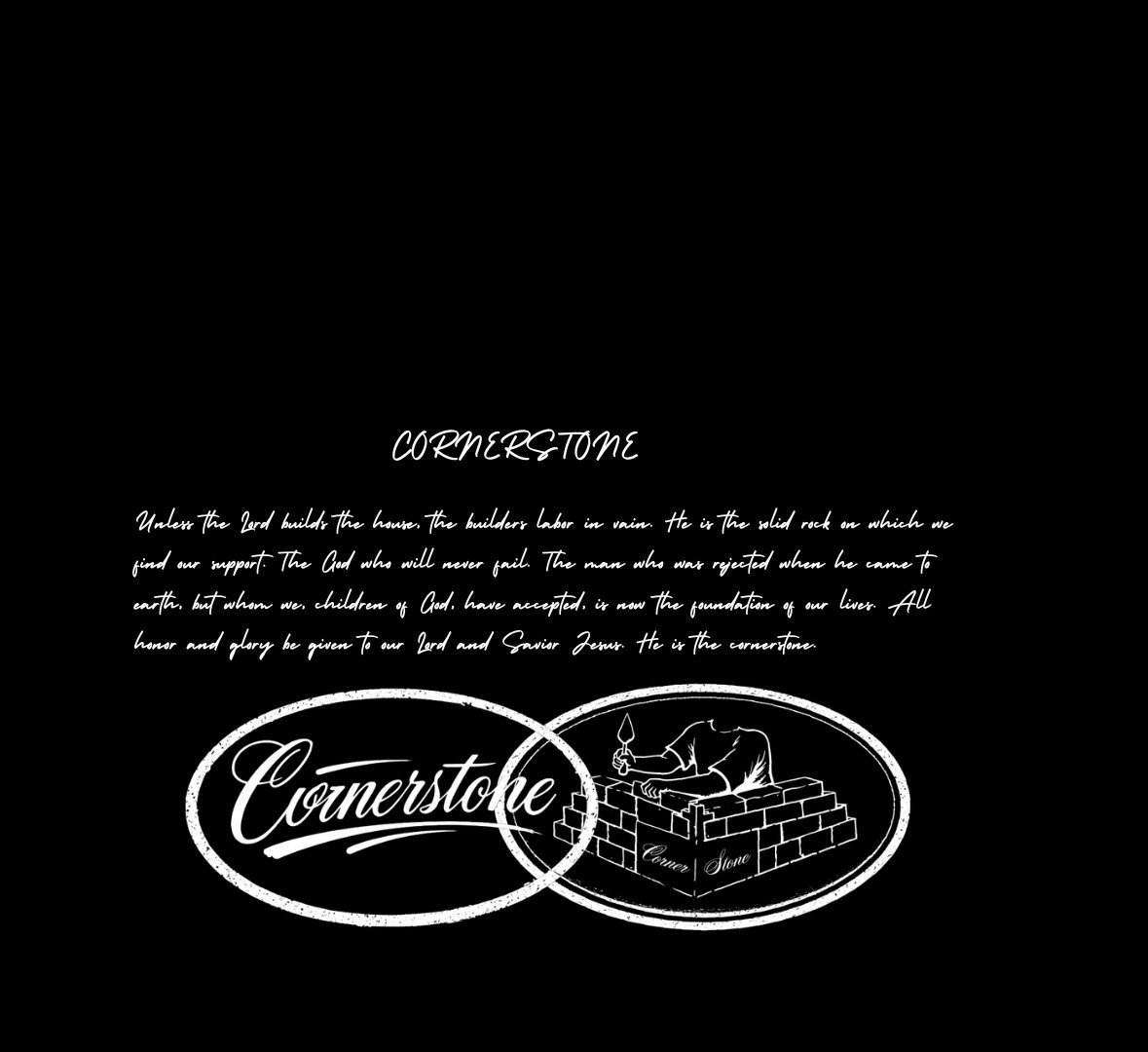 Cornerstone logo with interlocking ovals showing text and architectural design on black background with descriptive text above