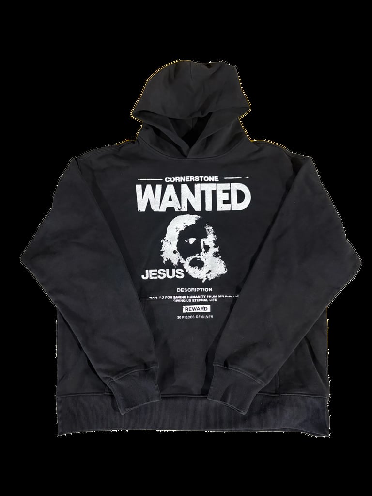 Black hoodie with white Wanted: Jesus graphic and description text on front