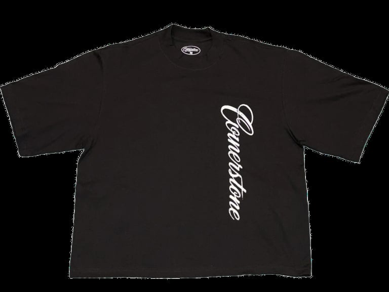 Composure tee front view - black oversized t-shirt with white script text