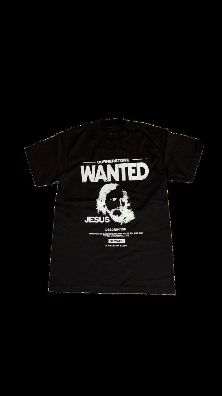 Black t-shirt with WANTED poster design featuring Jesus silhouette and text reading Cornerstone Wanted Jesus Description on front