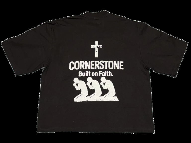 Composure tee back view - black t-shirt with cross and Cornerstone Built on Faith text