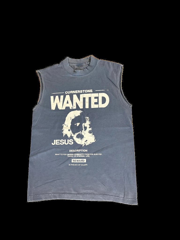Blue sleeveless tank top with white Wanted: Jesus poster graphic design and reward text on front